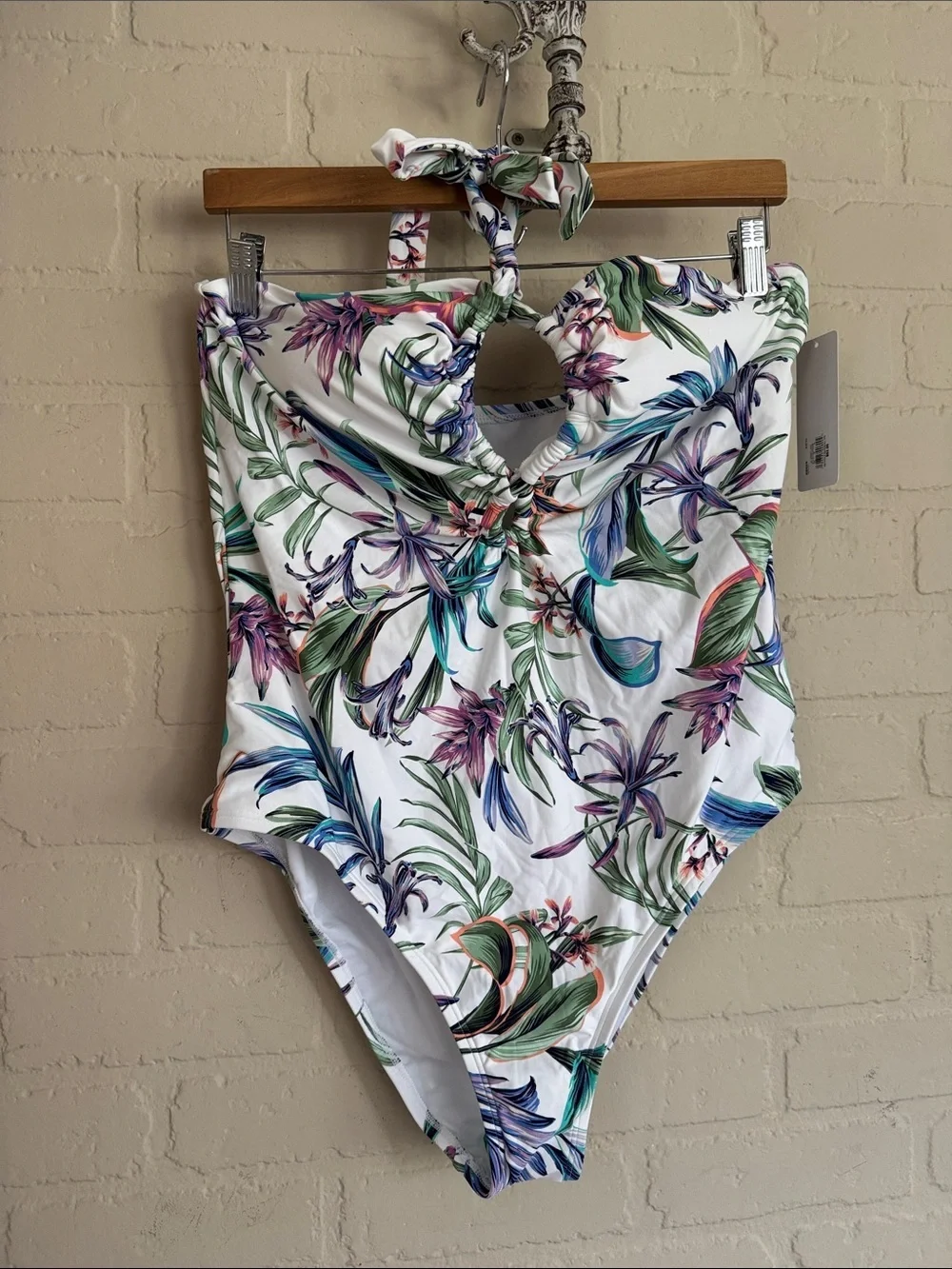 White One Piece Swimsuit halter Green and Purple Floral Print NEW xxl 20